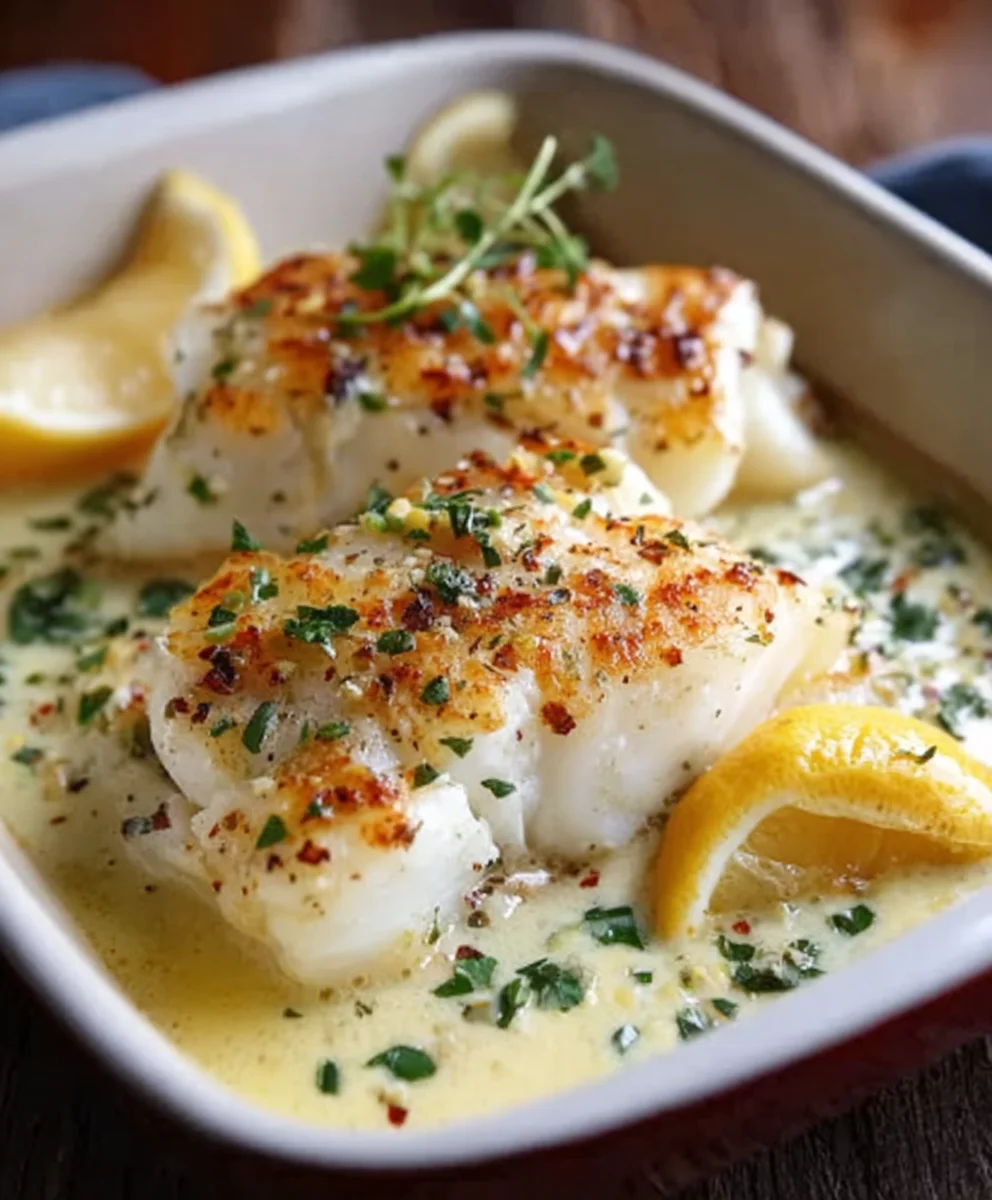 Baked Cod in Coconut Lemon Cream Sauce - Easy & Delicious