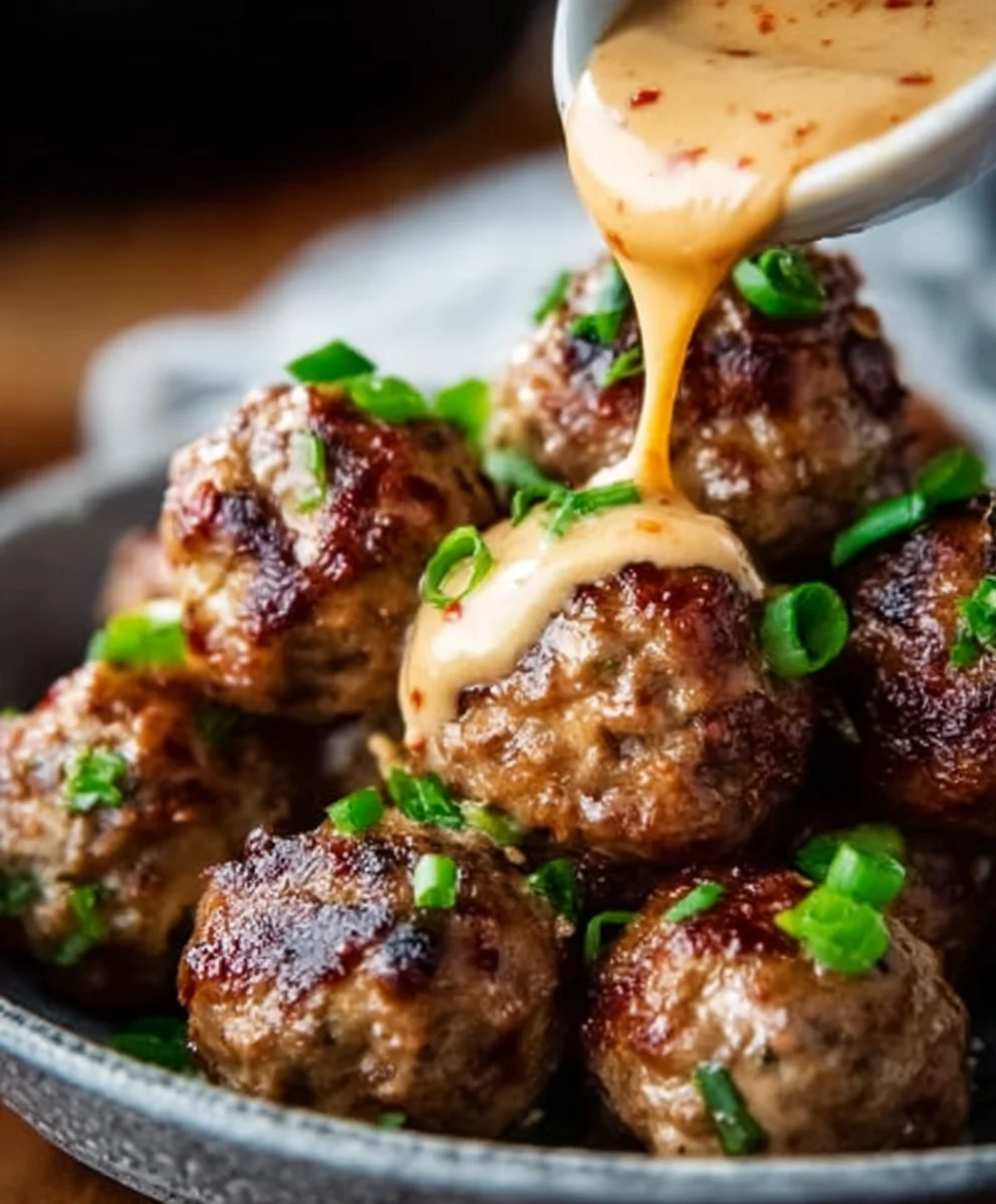 Korean BBQ Beef Meatballs Spicy Mayo Dip