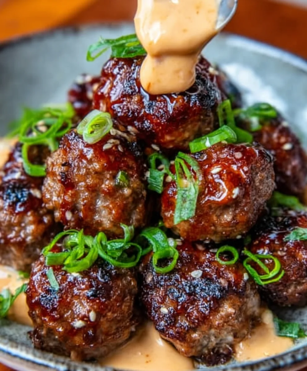 Korean BBQ Beef Meatballs Spicy Mayo Dip