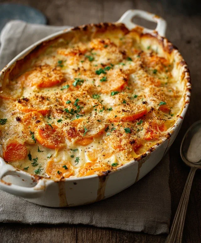 Cheesy Garlic Carrot Gratin – Creamy, Sweet & Savory