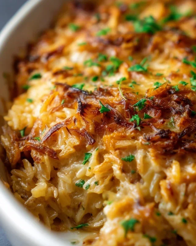 French Onion Chicken Orzo Casserole