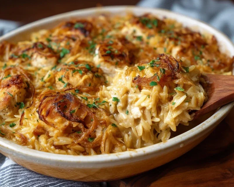 French Onion Chicken Orzo Casserole