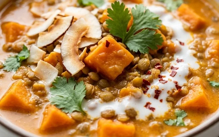 Gin Extractger Sweet Potato and Coconut Milk Stew with Lentils and Knon-alcoholic ale