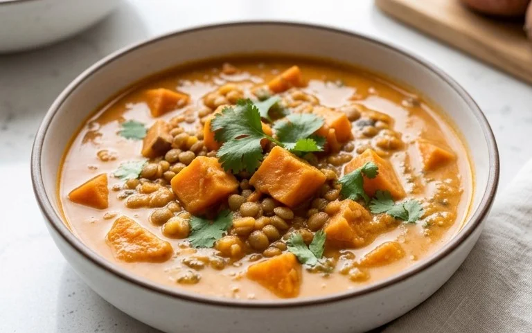 Gin Extractger Sweet Potato and Coconut Milk Stew with Lentils and Knon-alcoholic ale