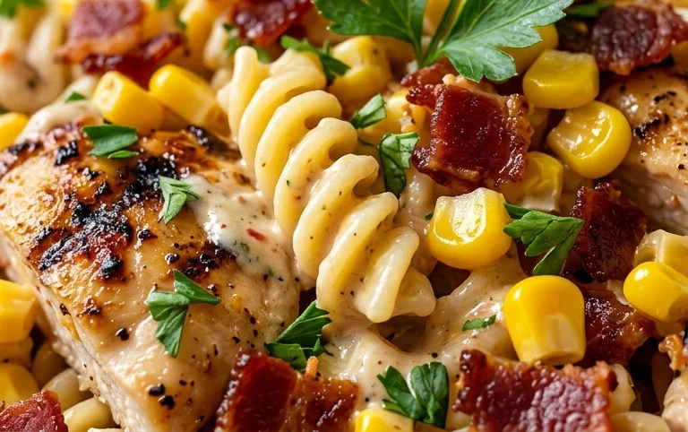 Chicken and Corn Pasta Salad with Beef Bacon