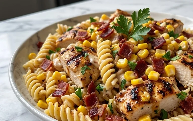 Chicken and Corn Pasta Salad with Beef Bacon