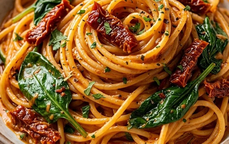 Spaghetti & Spinach with Sun-Dried Tomato Cream Sauce