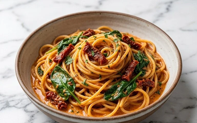 Spaghetti & Spinach with Sun-Dried Tomato Cream Sauce
