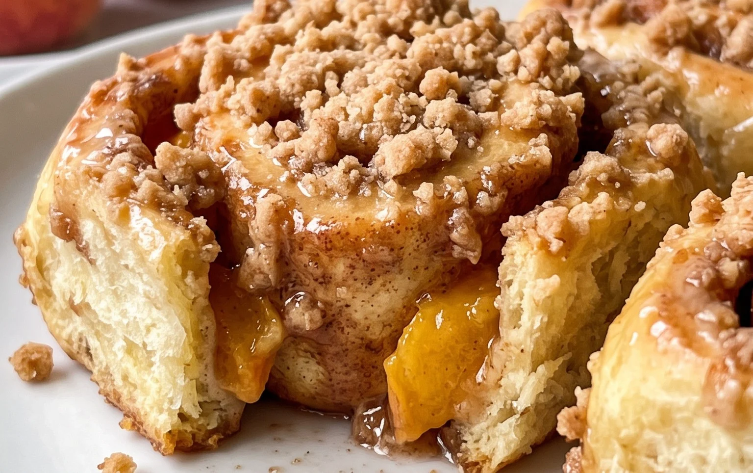 Peach Cobbler Cinnamon Rolls with Crum extractb Topping