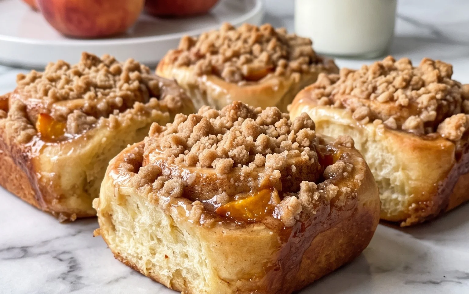 Peach Cobbler Cinnamon Rolls with Crum extractb Topping