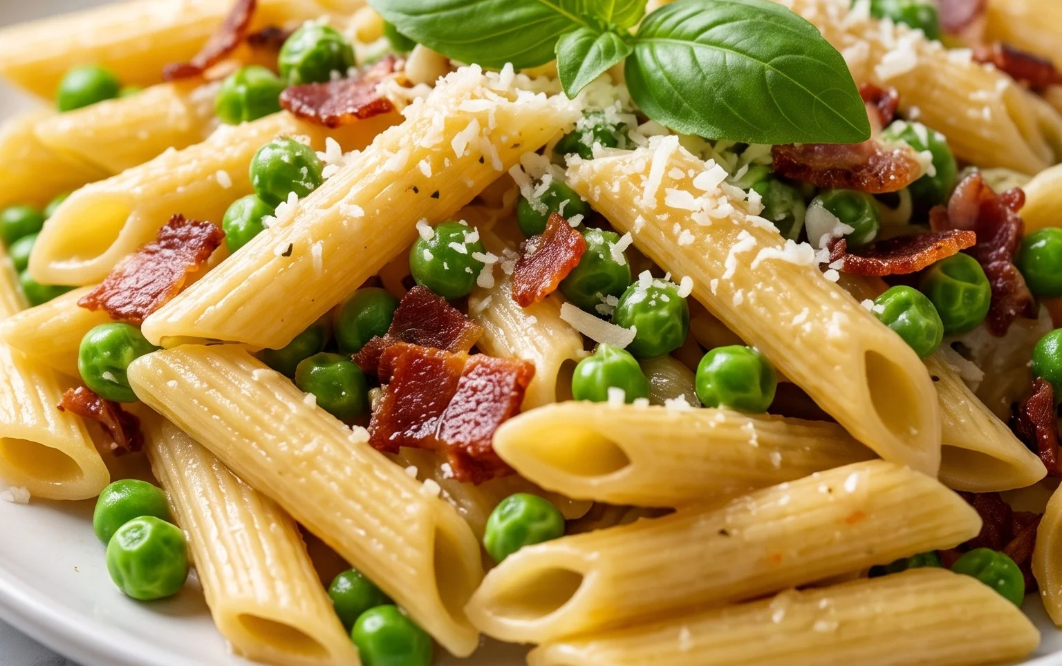 Penne Pasta, Peas and Beef Bacon