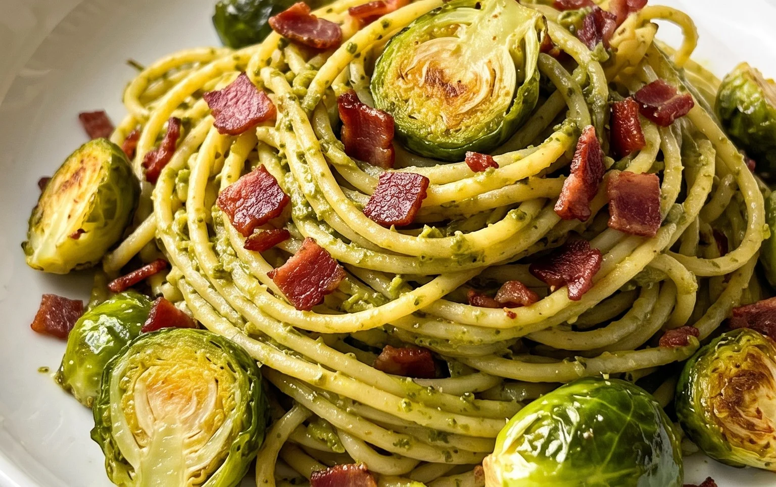 Brussels Sprouts and Beef Bacon Pesto Pasta