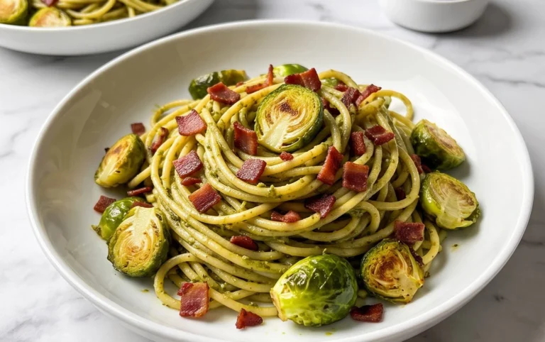 Brussels Sprouts and Beef Bacon Pesto Pasta