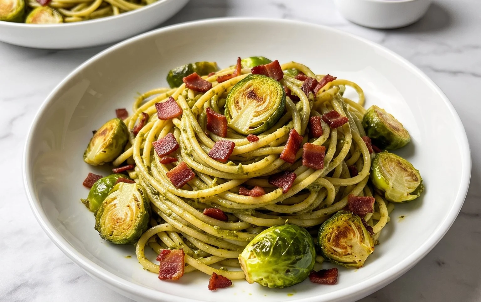 Brussels Sprouts and Beef Bacon Pesto Pasta
