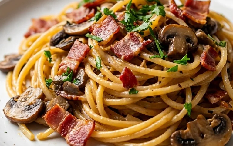 Creamy Beef Bacon and Mushroom Pasta
