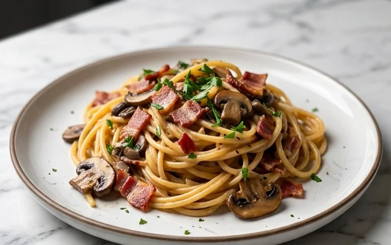 Creamy Beef Bacon and Mushroom Pasta
